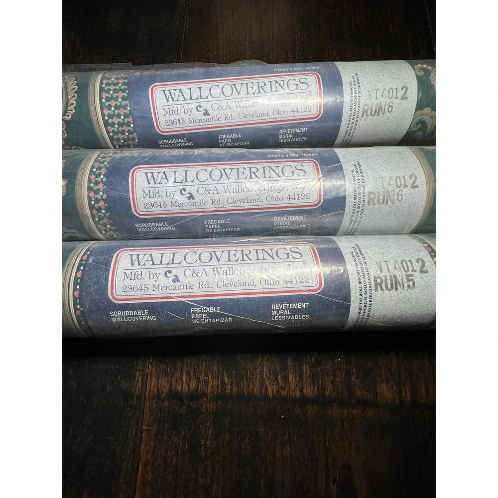 3 Rolls VTG 90s C&A Wallcoverings VT4012 Teal Paisley Floral Wallpaper Bolts NOS